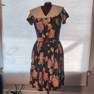 Vintage 80s Floral Black Dress with Cream Collar